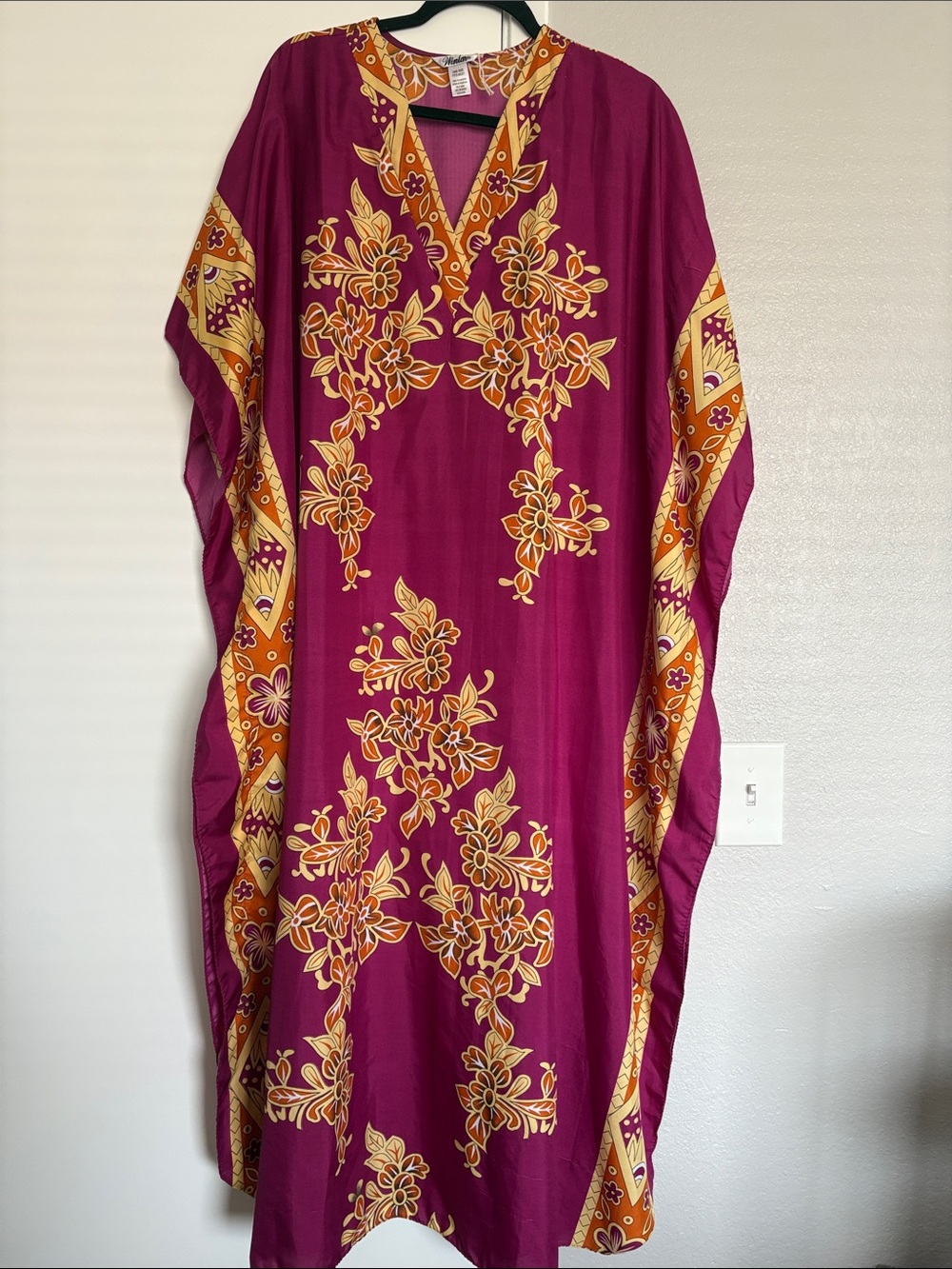 Magenta Floral Maxi Caftan Dress with Gold-Accent Trim